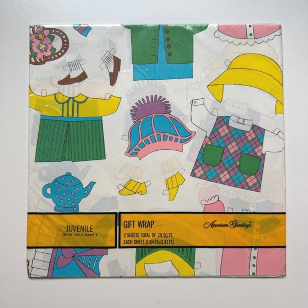 Vintage NIP American Greetings Juvenile Gift Wrap Paper Doll Clothes 2 Sheets